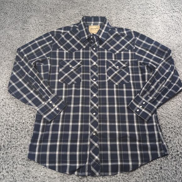 Vintage Wrangler Shirt Men Large Blue Pearl Snap Cowboy Western Rodeo Casual - Picture 1 of 5